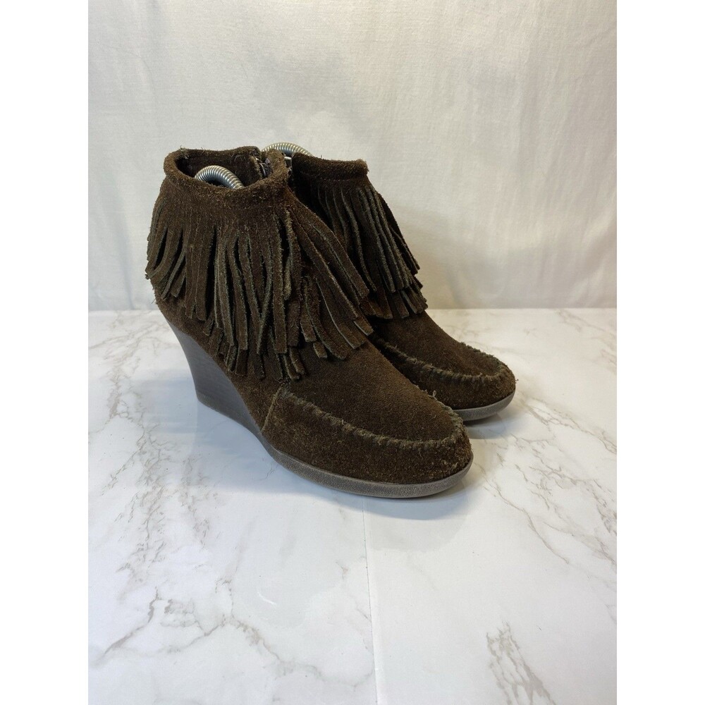 Minnetonka Brown Suede Fringe Ankle Wedge Zip Up Moccasin Boots Womens Size 7